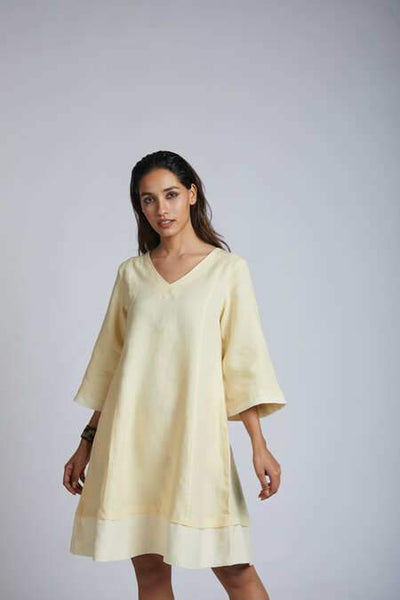 Women's Natural Hemp Panelled Flared Dress - Yellow