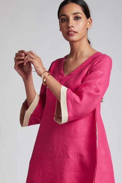 Women's Natural Hemp Panelled Flared Dress - Hot Pink