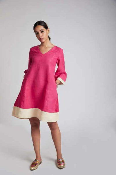 Women's Natural Hemp Panelled Flared Dress - Hot Pink