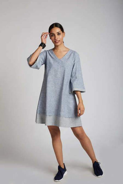 Women's Natural Hemp Panelled Flared Dress - Blue Melange