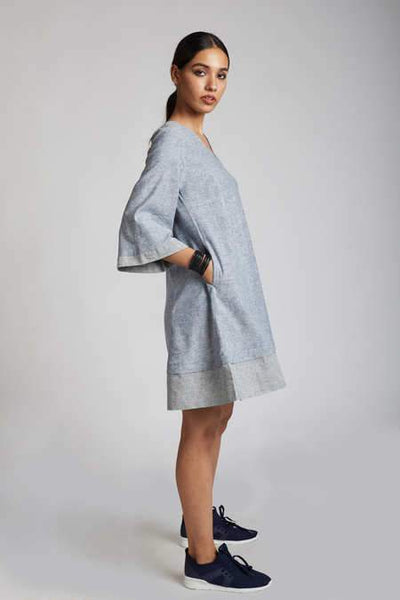 Women's Natural Hemp Panelled Flared Dress - Blue Melange