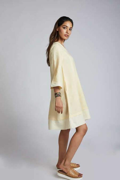 Women's Natural Hemp Panelled Flared Dress - Yellow