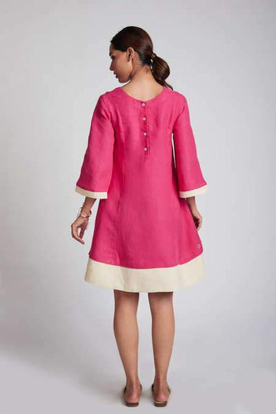 Women's Natural Hemp Panelled Flared Dress - Hot Pink