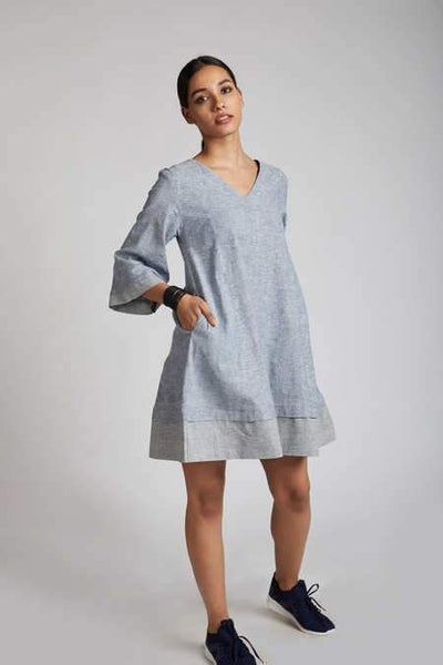 Women's Natural Hemp Panelled Flared Dress - Blue Melange