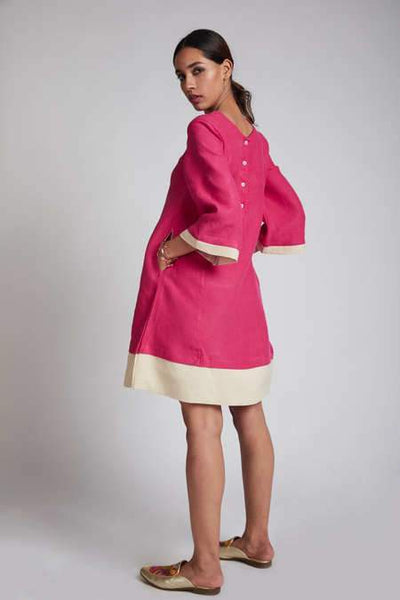 Women's Natural Hemp Panelled Flared Dress - Hot Pink