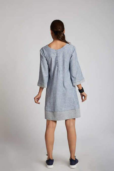 Women's Natural Hemp Panelled Flared Dress - Blue Melange