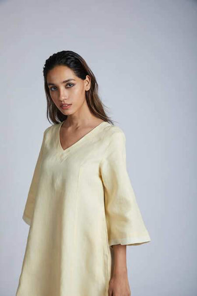 Women's Natural Hemp Panelled Flared Dress - Yellow