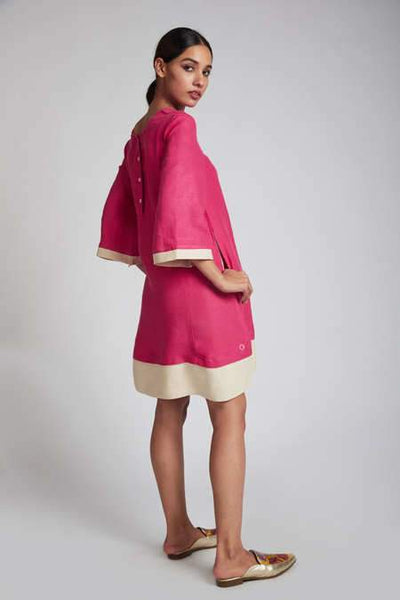 Women's Natural Hemp Panelled Flared Dress - Hot Pink