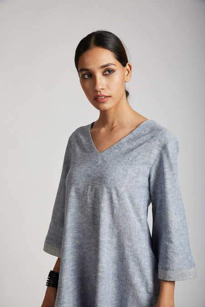 Women's Natural Hemp Panelled Flared Dress - Blue Melange