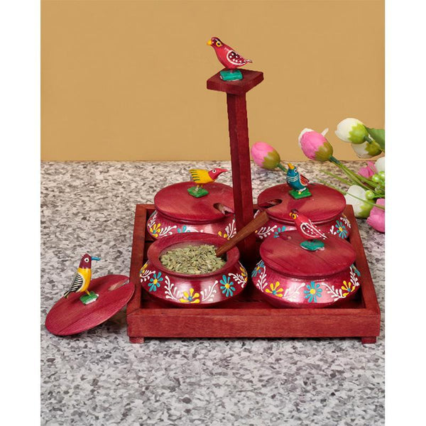 Hand Painted Wooden Jar Set With Tray And Spoon - Red