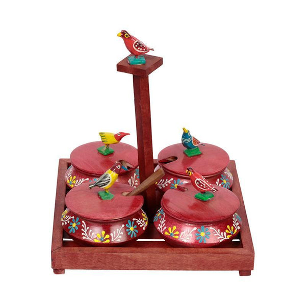 Hand Painted Wooden Jar Set With Tray And Spoon - Red