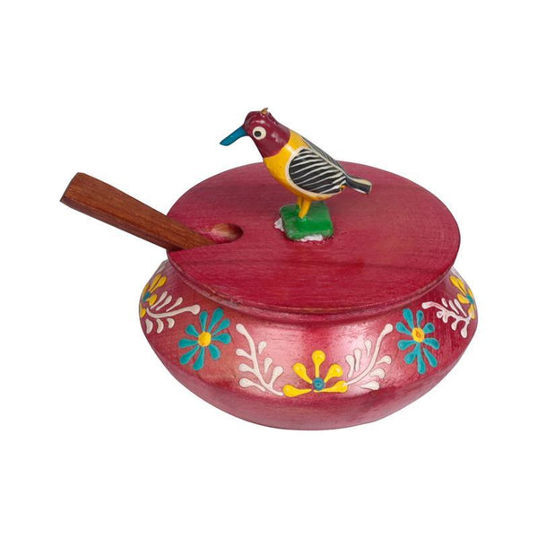 Hand Painted Wooden Jar Set With Tray And Spoon - Red