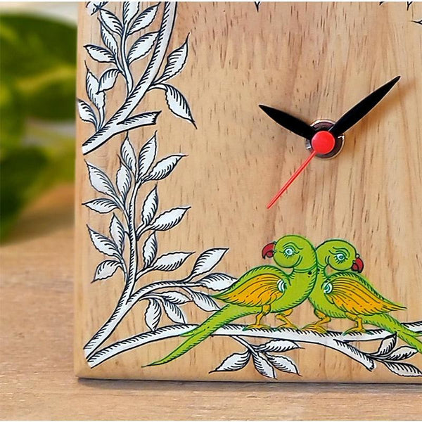 Handpainted Pattachitra Wooden Square Table Clock (Lovebirds)