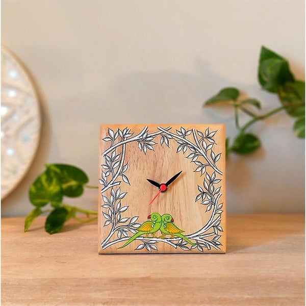 Handpainted Pattachitra Wooden Square Table Clock (Lovebirds)