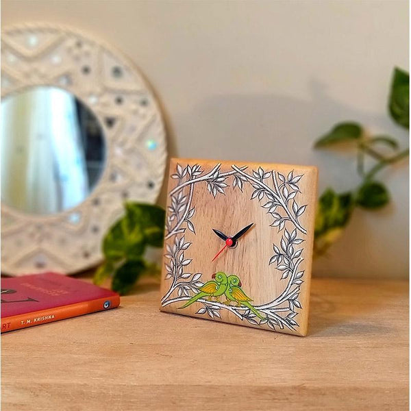Handpainted Pattachitra Wooden Square Table Clock (Lovebirds)
