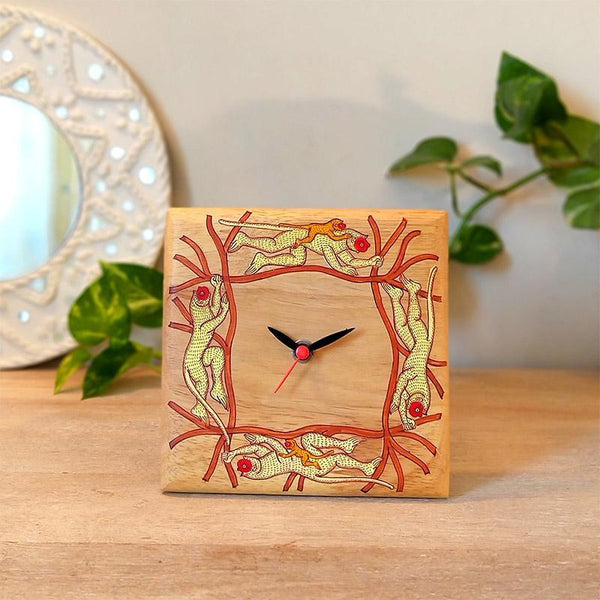 Handpainted Pattachitra Wooden Square Table Clock (Monkey)