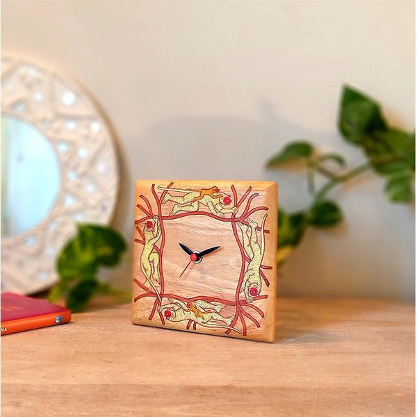 Handpainted Pattachitra Wooden Square Table Clock (Monkey)