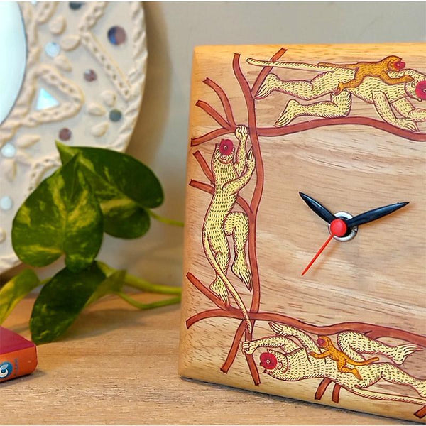 Handpainted Pattachitra Wooden Square Table Clock (Monkey)