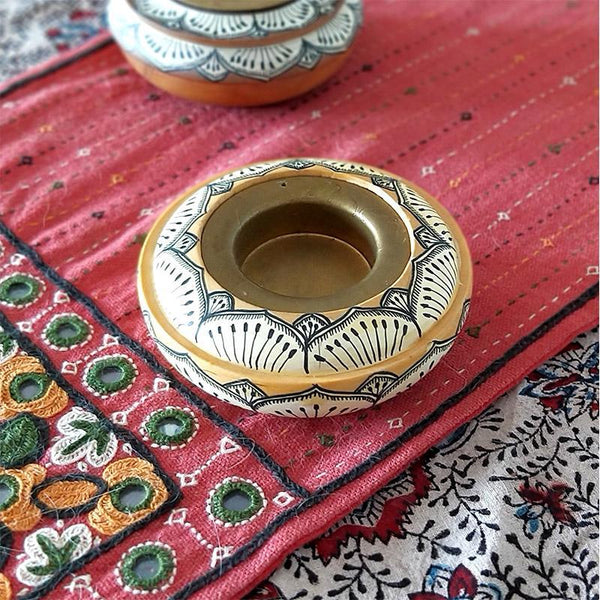 Handpainted  Pattachitra Tealight Holder (Yellow and White )