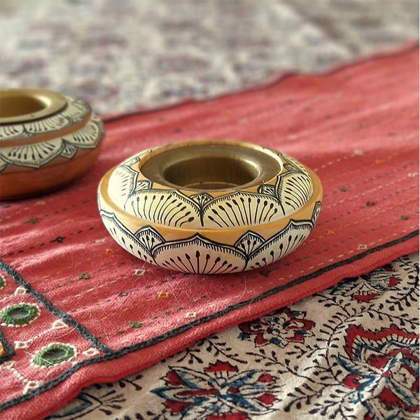 Handpainted  Pattachitra Tealight Holder (Yellow and White )