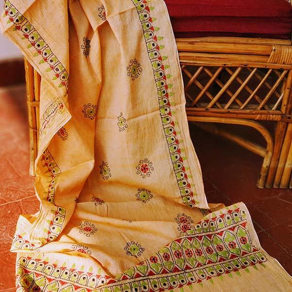 Peach Silk Cotton Kantha work Stole