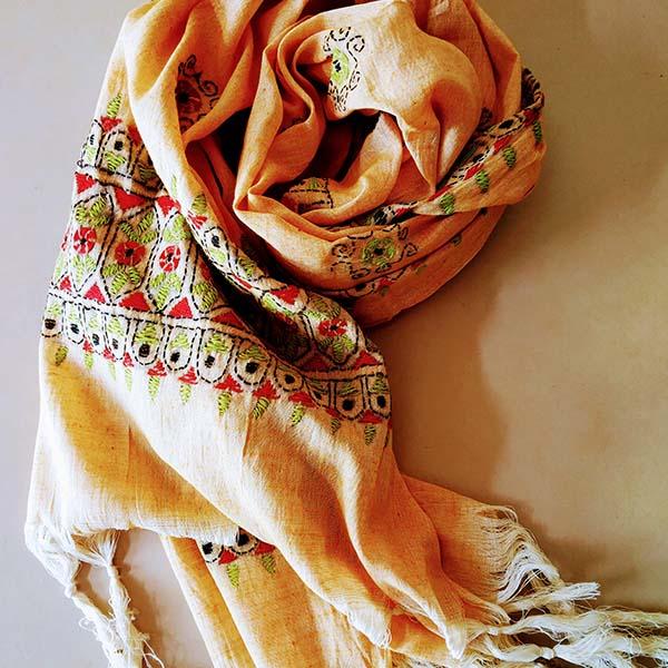 Peach Silk Cotton Kantha work Stole