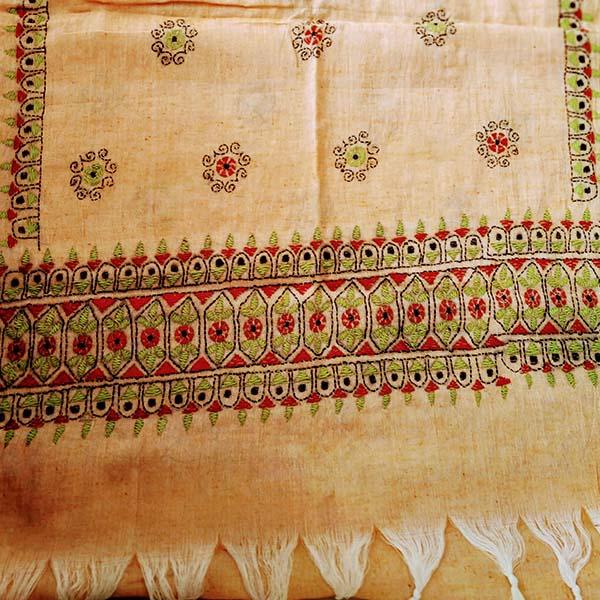 Peach Silk Cotton Kantha work Stole