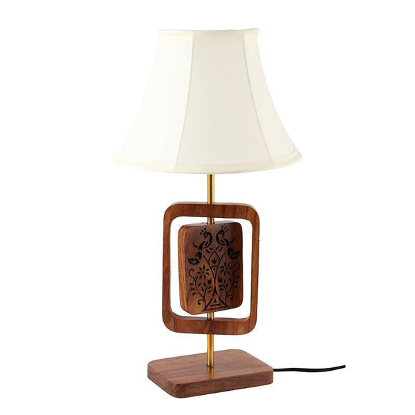 Peacock Hand Engraved Wooden Table Lamp