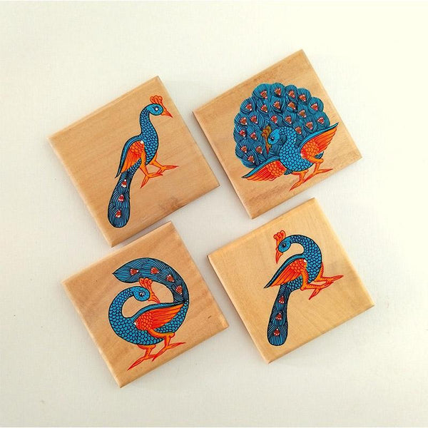 Handpainted Wooden Pattachitra Coasters (Peacock Print) -Set of 4