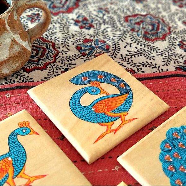 Handpainted Wooden Pattachitra Coasters (Peacock Print) -Set of 4