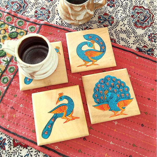 Handpainted Wooden Pattachitra Coasters (Peacock Print) -Set of 4