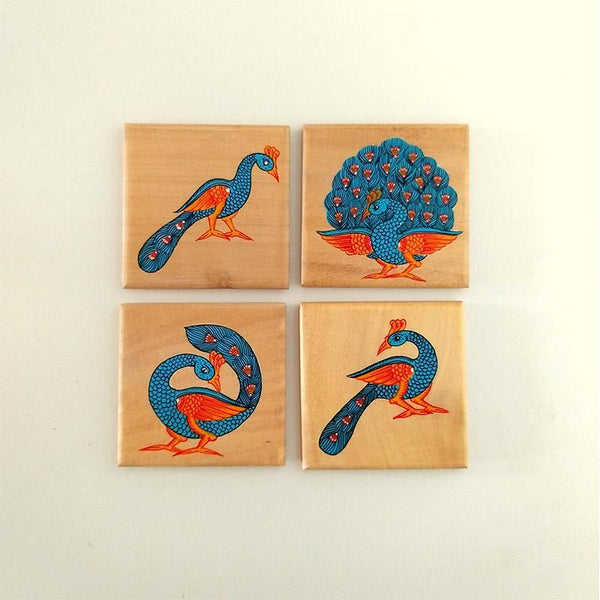 Handpainted Wooden Pattachitra Coasters (Peacock Print) -Set of 4