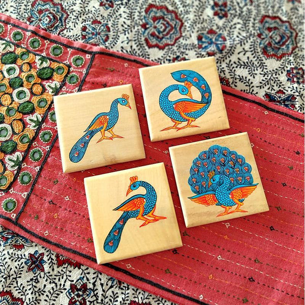Handpainted Wooden Pattachitra Coasters (Peacock Print) -Set of 4