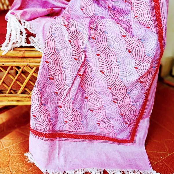 Pink Silk cotton Kantha work Stole