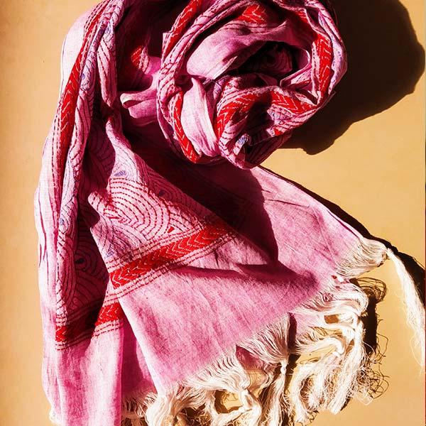 Pink Silk cotton Kantha work Stole