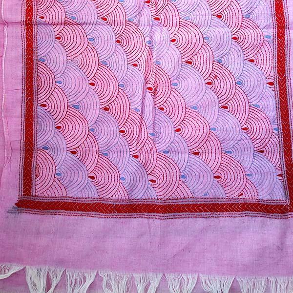 Pink Silk cotton Kantha work Stole