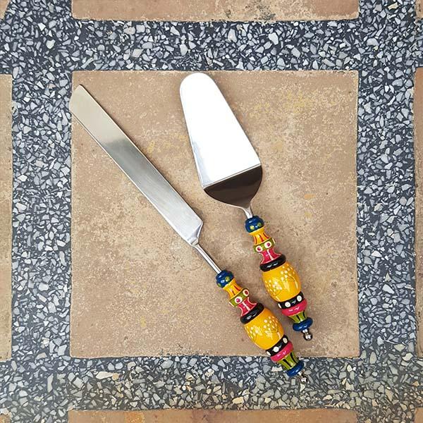 Hand-carved Cake Serving Spoon and Knife with Banarasi Woodwork