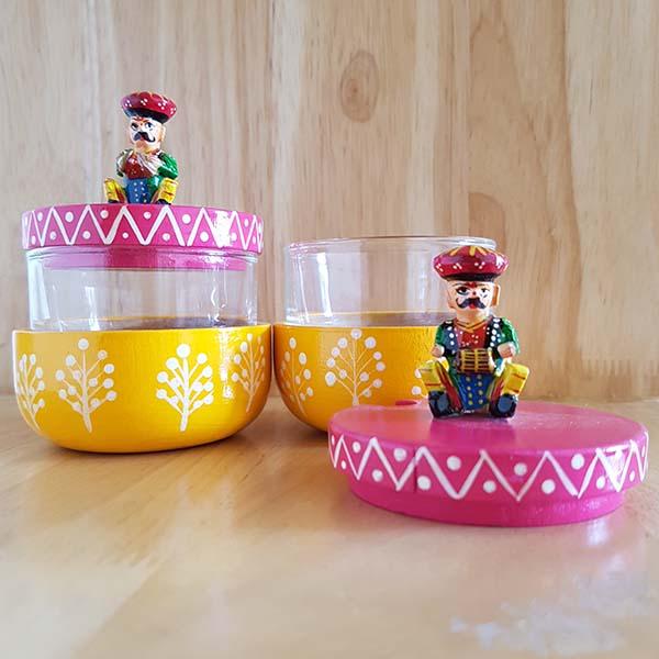 Handcarved Wooden Chutney Jars in Banarasi Woodwork (Set of 2)