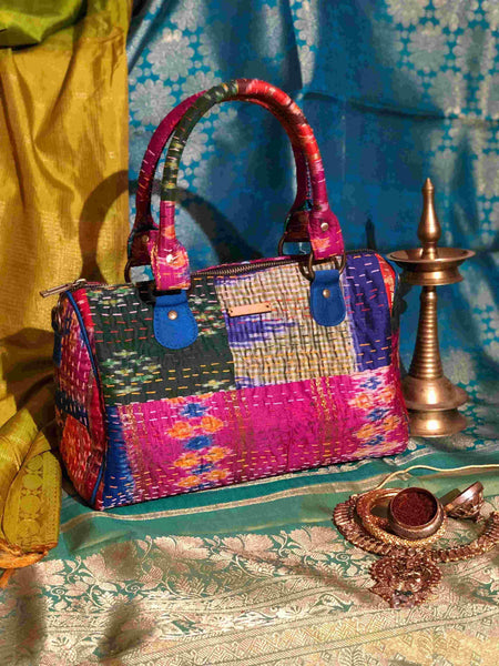 Handwoven Ikat and Kantha Duffle Bag in Pink Silk