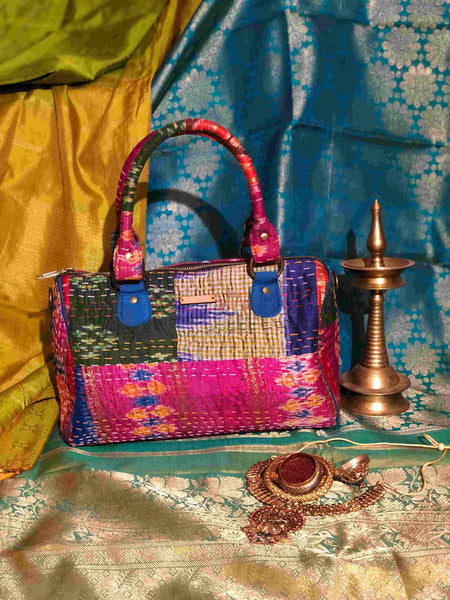 Handwoven Ikat and Kantha Duffle Bag in Pink Silk