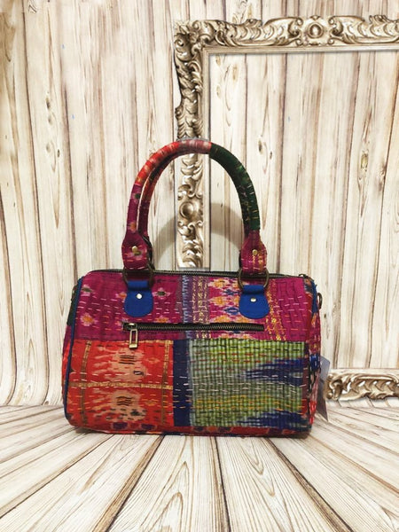 Handwoven Ikat and Kantha Duffle Bag in Pink Silk