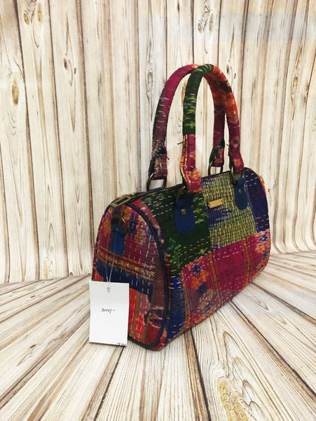 Handwoven Ikat and Kantha Duffle Bag in Pink Silk