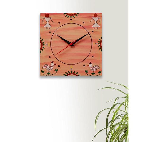 Hand Painted Warli Wall Clock - Pink