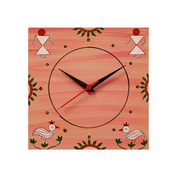 Hand Painted Warli Wall Clock - Pink