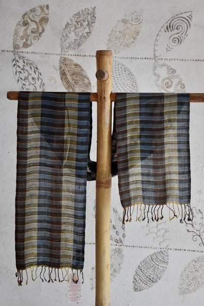 Handwoven, Naturally Dyed Pure Silk Scarf  - Maroon, Green and Blue