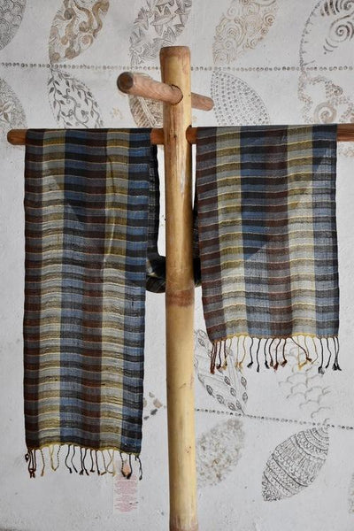 Handwoven, Naturally Dyed Pure Silk Scarf  - Maroon, Green and Blue