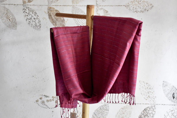 Handwoven, Naturally Dyed Pure Silk Shawl - Pink With White Stripes
