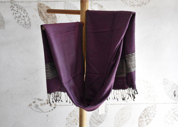 Handwoven, Naturally Dyed Pure Silk Shawl - Purple with Cream Striped Border