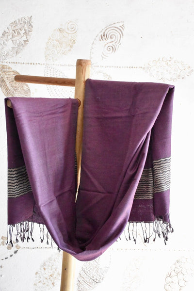 Handwoven, Naturally Dyed Pure Silk Shawl - Purple with Cream Striped Border