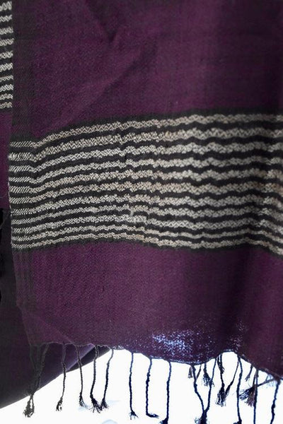 Handwoven, Naturally Dyed Pure Silk Shawl - Purple with Cream Striped Border